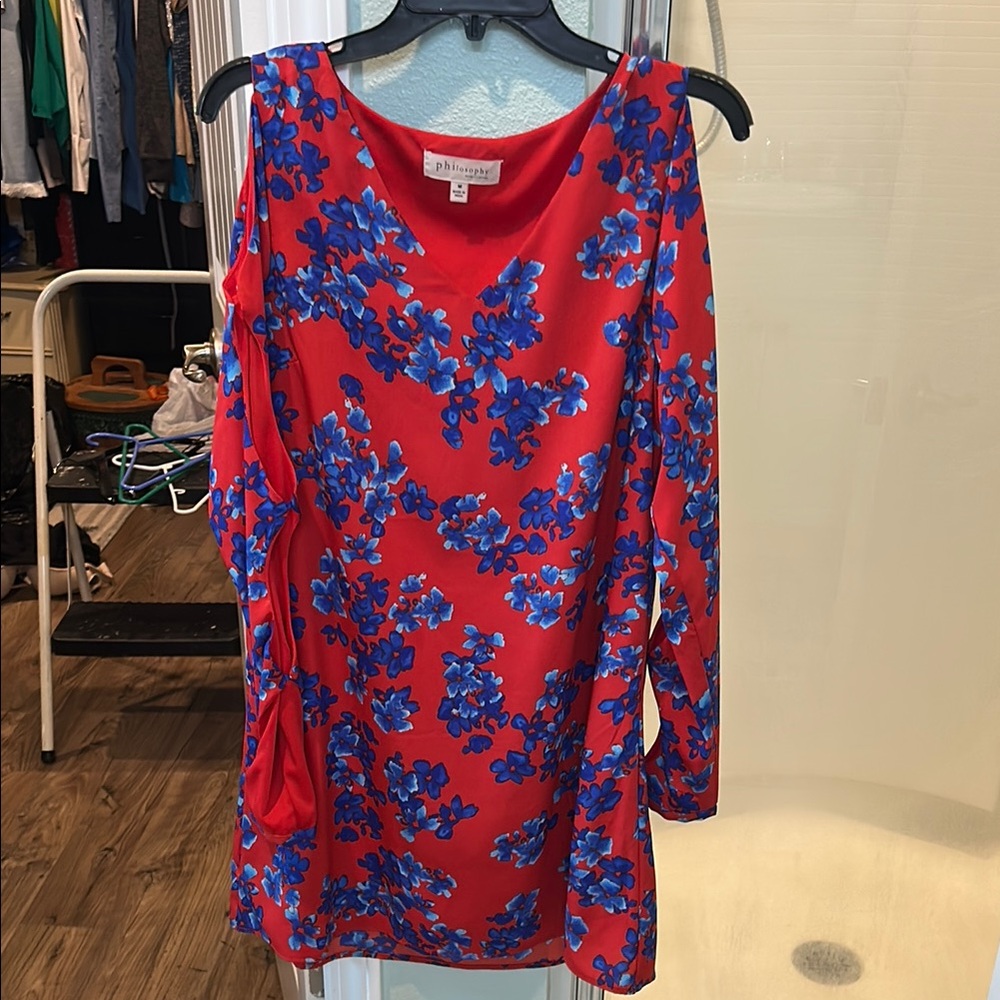 Philosophy Red Dress with Blue Floral Accents